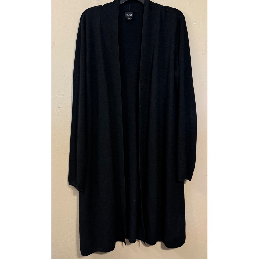 Eileen Fisher‎ Cardigan Women M Black Longline Silk Blend Duster Open Sweater